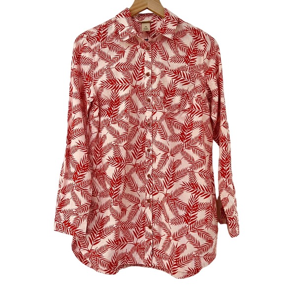 Duluth Trading Womens XS Artisan Hemp Tunic Pink Red Leaves Button Front Pockets - Picture 1 of 11